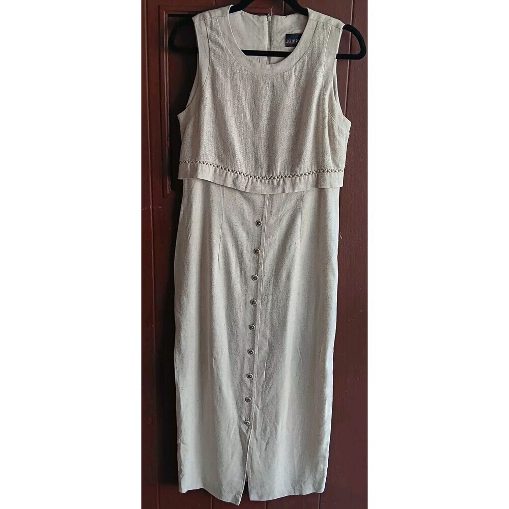 Vintage 90s John Roberts Maxi Dress  Sz S Sleeveless Tan Linen Blend Lagenlook
